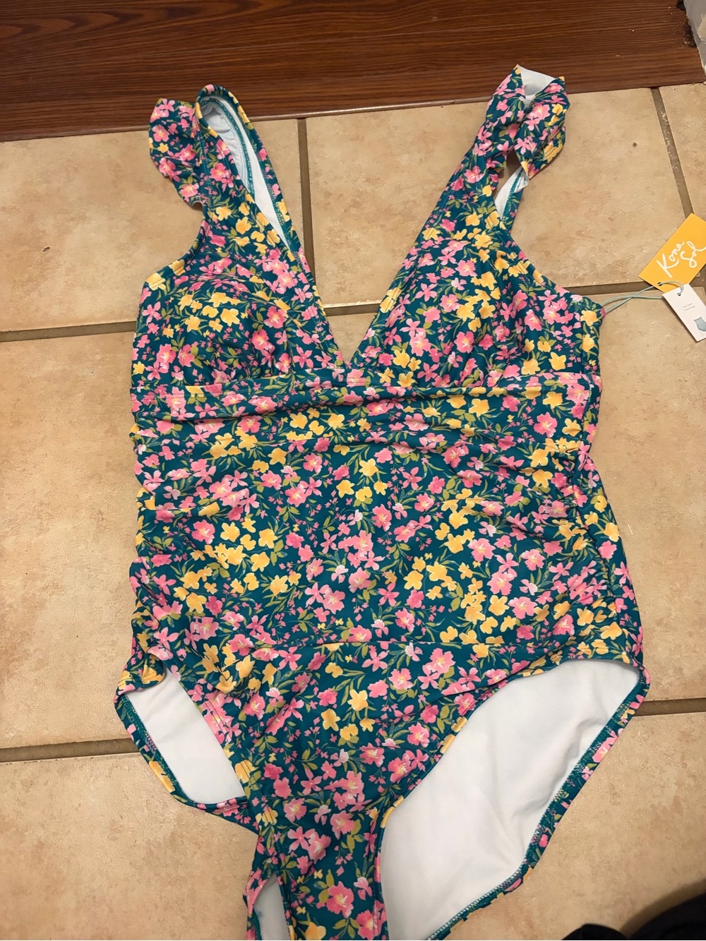 Womens Floral One-Piece Swimsuit — Pink & Yellow Flowers on Teal
